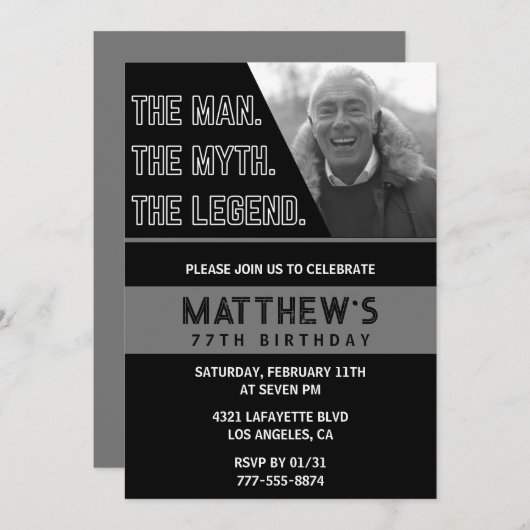 ブラック77歳の誕生日招待状ザマンザレジェンド 招待状 (正面/裏面)
