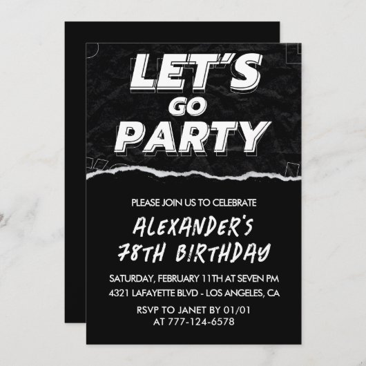 ブラック78歳の誕生日招待状メンズホワイト 招待状 (正面/裏面)