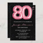 ブラック80歳の誕生日招待状バルーングラムピンク 招待状 (正面/裏面)