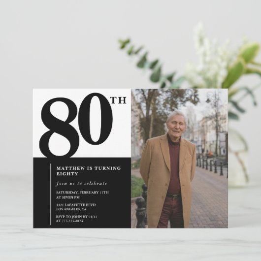 ブラック80歳の誕生日招待状 エレガントでおしゃれ 招待状 (スタンド正面)