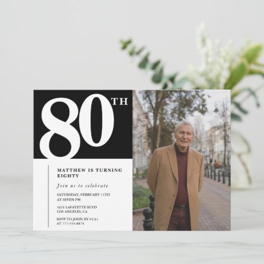 ブラック80歳の誕生日招待状 モダン シック フォト 招待状 (スタンド正面)