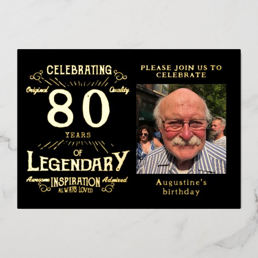 ブラック80番目の誕生日ヴィンテージ金ゴールド 箔招待状 (正面)
