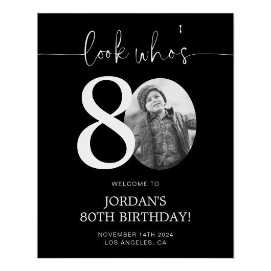 ブラック80th誕生日ウェルカムサイン | 誰の80か ポスター (正面)