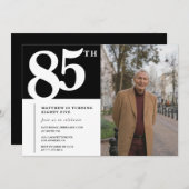 ブラック85歳の誕生日招待状モダンシック写真 招待状 (正面/裏面)