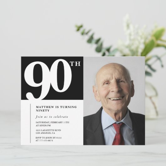 ブラック90歳の誕生日招待状 モダン シック フォト 招待状 (スタンド正面)