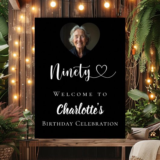ブラック90th誕生日パーティー写真ハート歓迎 ポスター