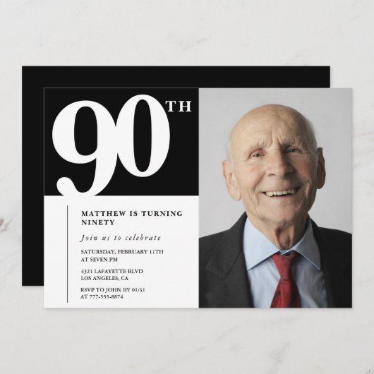 ブラック90th誕生日招待状モダンシック写真 招待状 (正面/裏面)