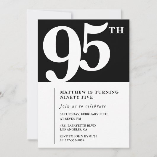 ブラック95th誕生日の招待シエレガントックシンプル 招待状 (正面)