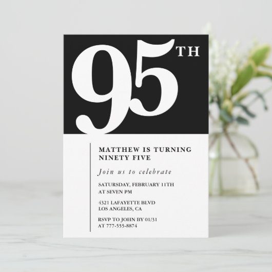 ブラック95th誕生日の招待シエレガントックシンプル 招待状 (スタンド正面)