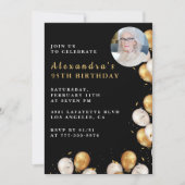 ブラック95th誕生日の招待金ゴールドバルーンフォト 招待状 (正面)