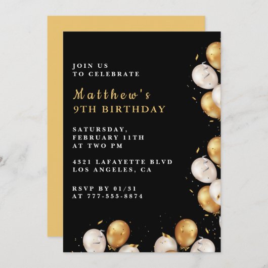 ブラック9th誕生日招待状金ゴールドバルーンボーイ 招待状 (正面/裏面)