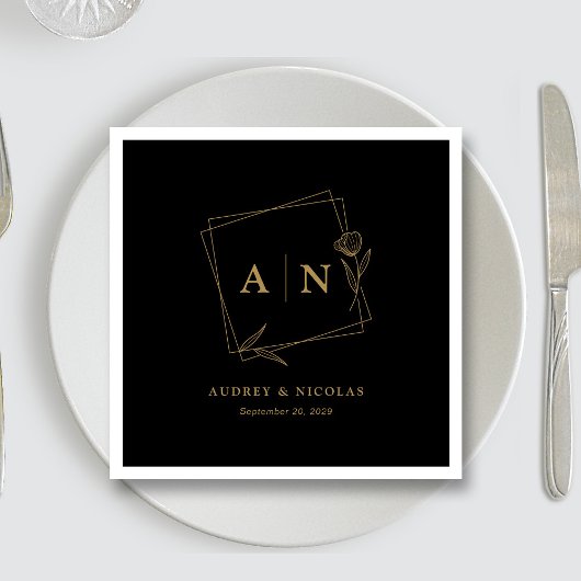 ブラック&お洒落金ゴールドウェディングパーソナライズされたレセプション スタンダードカクテルナプキン