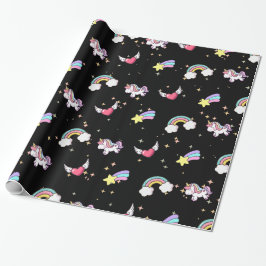 ブラック かわいい 虹 ユニコーン 星 マジカル ラッピングペーパー