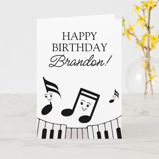 ブラック&よくはしゃぐホワイトミュージカルノートピアノ誕生日 カード (黄色い花)