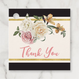 ブラック/アイボリーの花柄 ブライダルシャワーのお礼 フェイバータグ