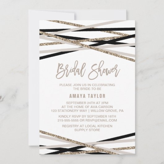 ブラック&アイボリーストリーマーブライダルシャワー 招待状 (正面)