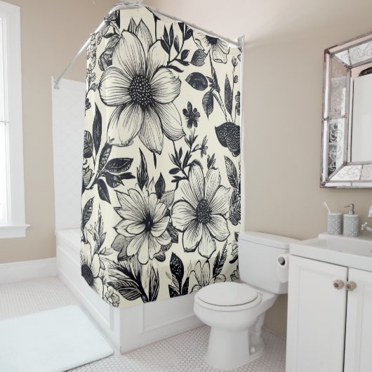 ブラック&アイボリーフローラ シャワーカーテン (インサイチュ)
