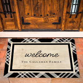 ブラック&アイボリーベージュプレイドパーソナライズされたへようこそ ドアマット