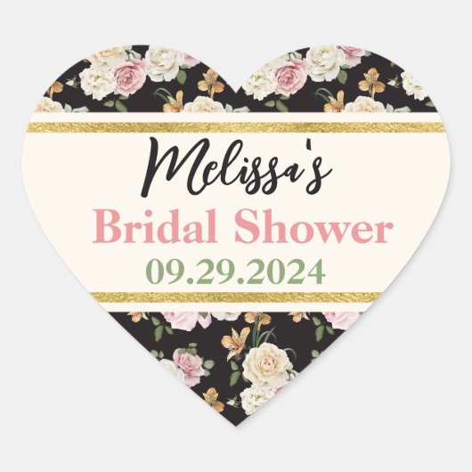 ブラック、アイボリー、ゴールドの花束 ハートシール (正面)