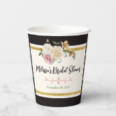 ブラック、アイボリー、ゴールドの花柄 ブライダルシャワー 紙コップ (裏面)