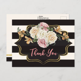 **ブラック**, アイボリー ストライプ, 花柄 サンキュー ポストカード