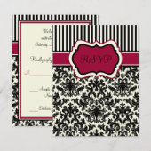 ブラック、アイボリー、赤のストライプのダマスク RSVP カード (正面/裏面)