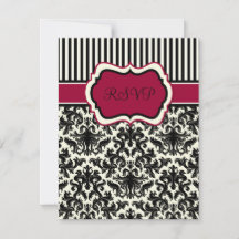 ブラック、アイボリー、赤のストライプのダマスク RSVP カード