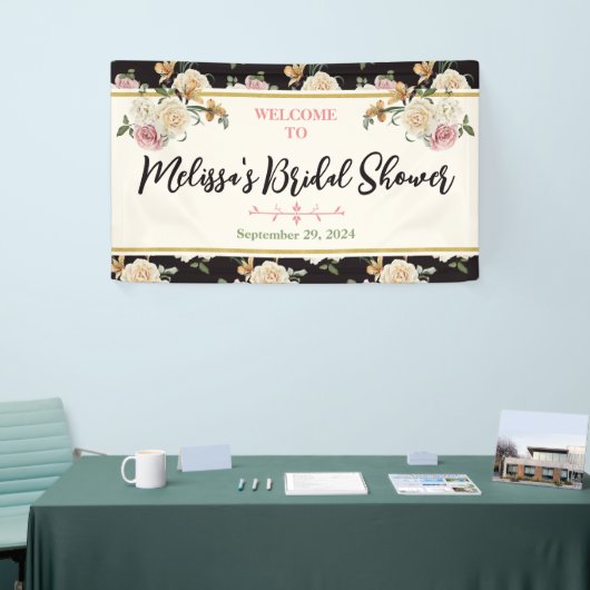 ブラック、アイボリー、金ゴールドフローラブライダルシャワーへようこそ 横断幕 (トレードショー)