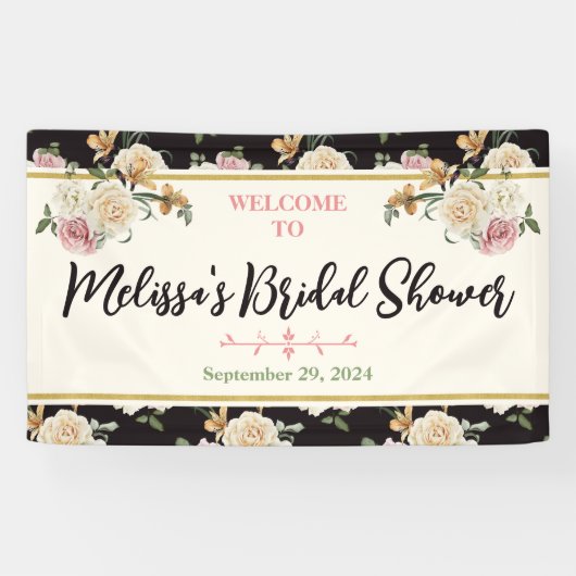 ブラック、アイボリー、金ゴールドフローラブライダルシャワーへようこそ 横断幕 (横)