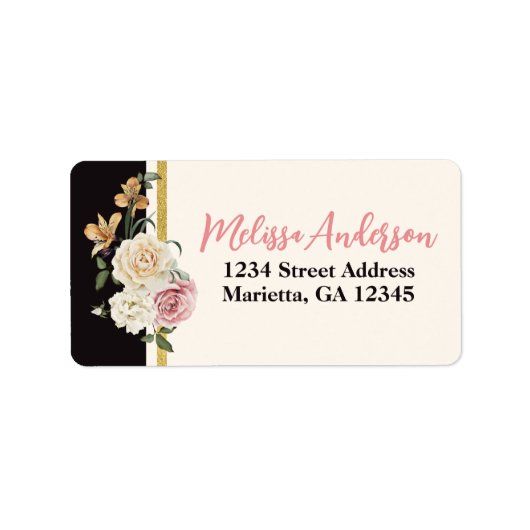 ブラック、アイボリー、金ゴールド花模様差出人住所 ラベル (正面)