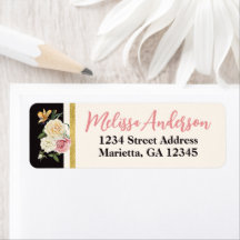 ブラック、アイボリー、金ゴールド花模様差出人住所