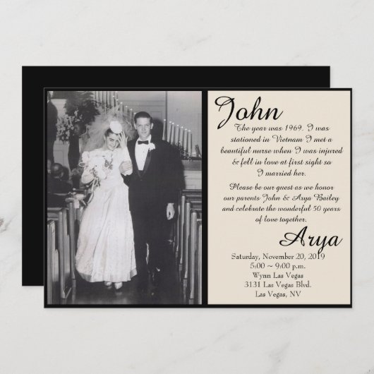ブラック＆アイボリー 50周年 ラブ アニバーサリー 招待状 (正面/裏面)