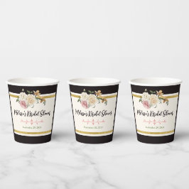 ブラック、アイ象牙、アイボリー、ゴールドの花柄 ブライダルシャワー 紙コップ