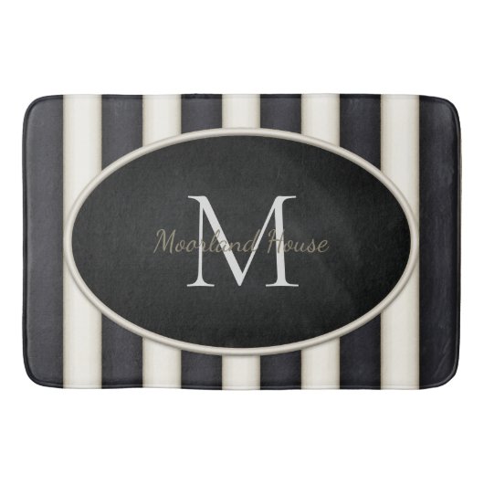 ブラック&アンティークホワイトストライプレンズオーバルフレーミングモノグラム バスマット (正面)