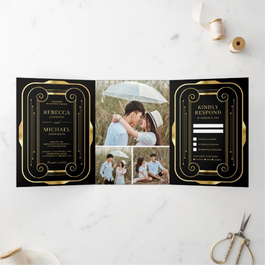 ブラック・アンド・ゴールド・フォイル・アールデコ・フォト・コ結婚ラージュ 三つ折り招待状 (内部)