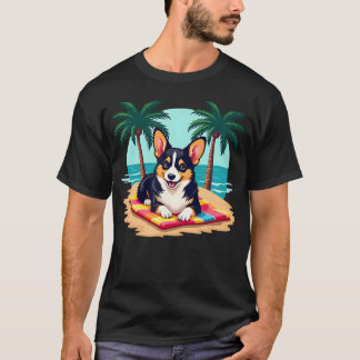 ブラック・アンド・タン・コーギー・ビーチ・オーシャン・サマー Tシャツ