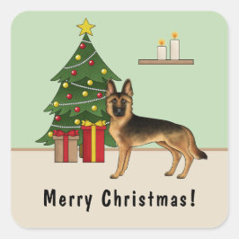 ブラック・アンド・タン・ジャーマンシェパードとクリスマスツリー スクエアシール