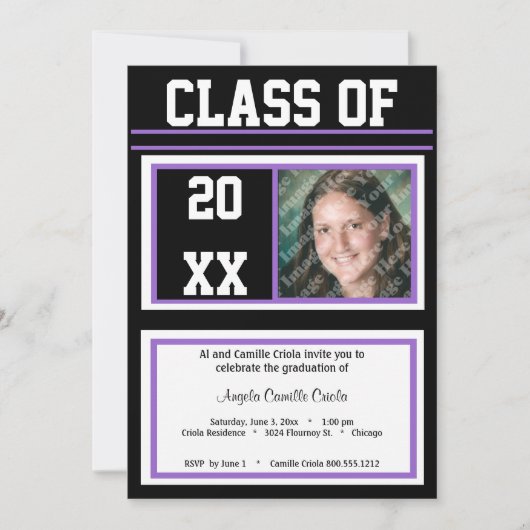 ブラック·アンド·パープル級のフォト卒業パーティー 招待状 (正面)