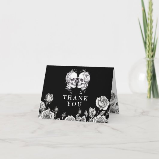 ブラック・アンド・ホワイト ゴシック フラワースカル ウェディング サンキューカード (正面)