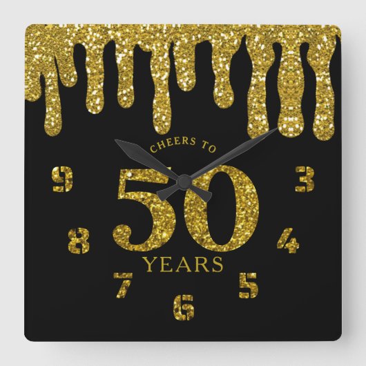 ブラック・アンド・金ゴールドグリッターは応援を50年に短縮 スクエア壁時計 (正面)