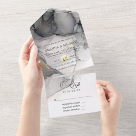 ブラック・アンド・金ゴールド・アルコ結婚ール・インク オールインワン招待状