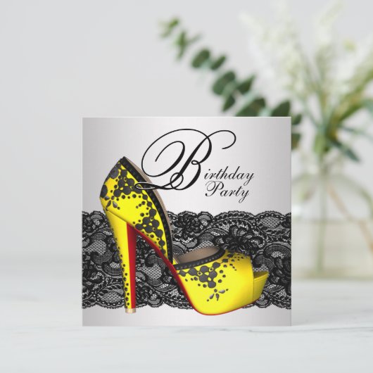 ブラック&イエローハイヒールシューバースデーパーティー 招待状 (スタンド正面)