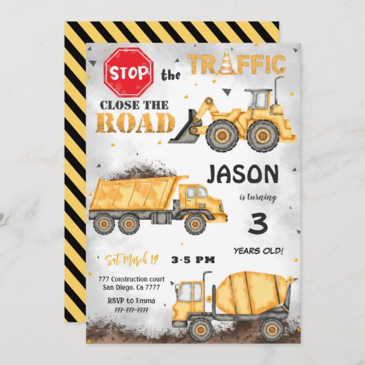 ブラック&イエロー建築誕生日招待状 招待状 (正面/裏面)