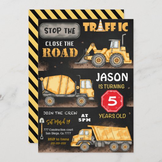 ブラック&イエロー建築誕生日招待状 招待状 (正面/裏面)