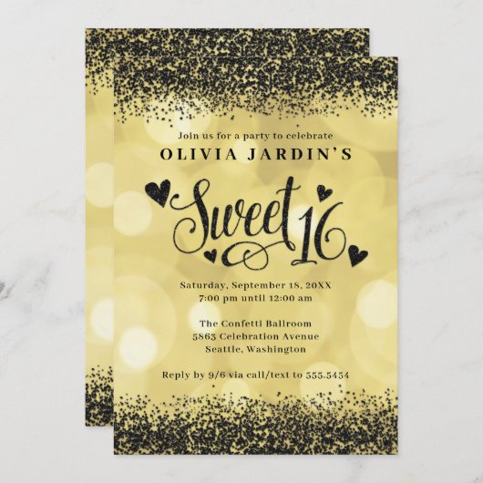 ブラック&イエロー金ゴールドグラムスウィート16 招待状 (正面/裏面)