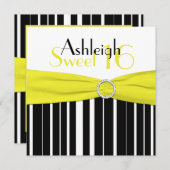 ブラック、イエロー、ホワイト、スウィート16招待状 フェイク きらきら光る 招待状 (正面/裏面)