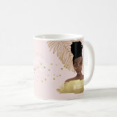 ブラック・ウーマン、トロピカル・金ゴールド・リーフ&シェード、ピンク コーヒーマグカップ (正面右)