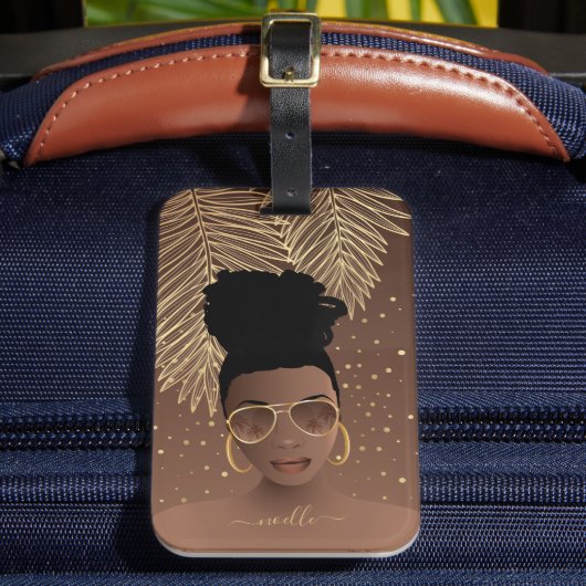 ブラック・ウーマン、金ゴールド・シェードとパーム葉ズ、ブラウン ラゲッジタグ (正面インサイチュ2)