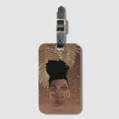 ブラック・ウーマン、金ゴールド・シェードとパーム葉ズ、ブラウン ラゲッジタグ (正面縦)