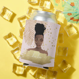 ブラック・ウーマン、金ゴールド・シェードとパーム葉・ピンク 缶クーラー